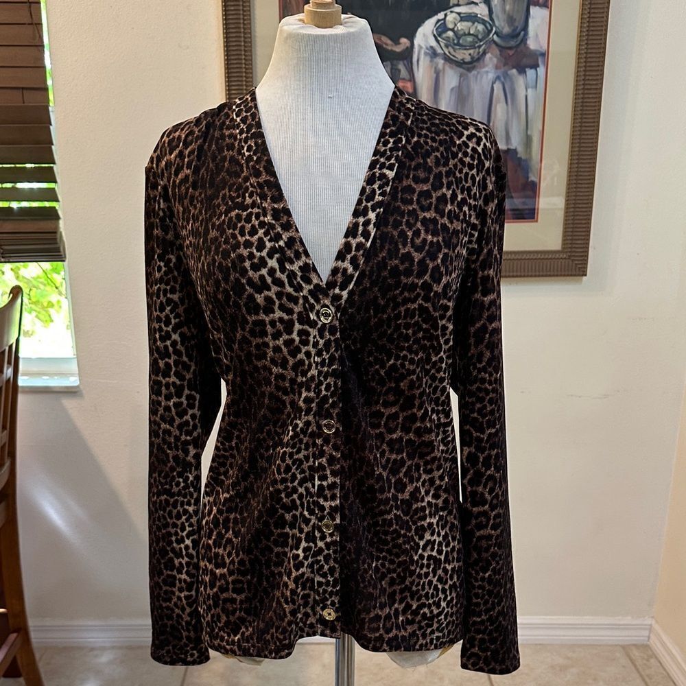 Michael Kors Leopard Print Button Down Cardigan w/Gold Buttons Size Medium - Picture 2 of 12
